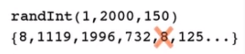 A calculator readout with 'randInt(1, 2000, 150)' on the first line and '{8, 1119, 1996, 732, 8, 125…}'. The second '8' has an X through it since it was already found in the list. The dots after the 125 show that there are more entries that could not fit on the screen.
