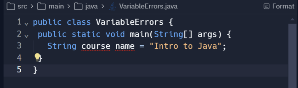 Screenshot of VariableErrors.java Intro to Java