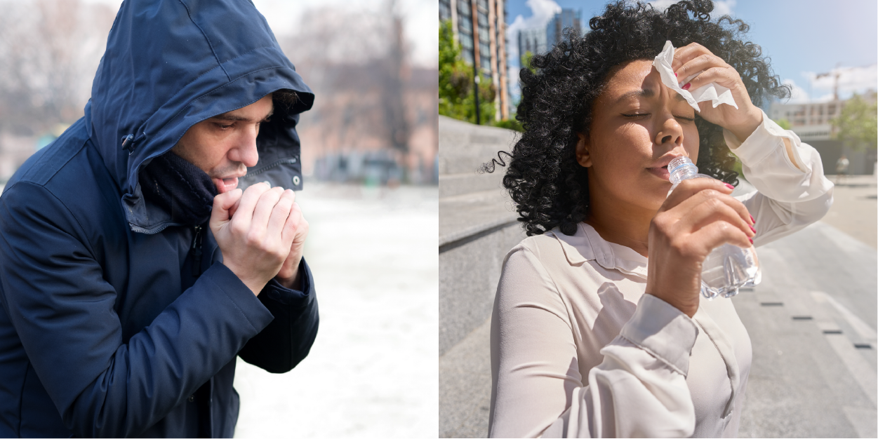 The body shivering in cold conditions vs. sweating in hot conditions.