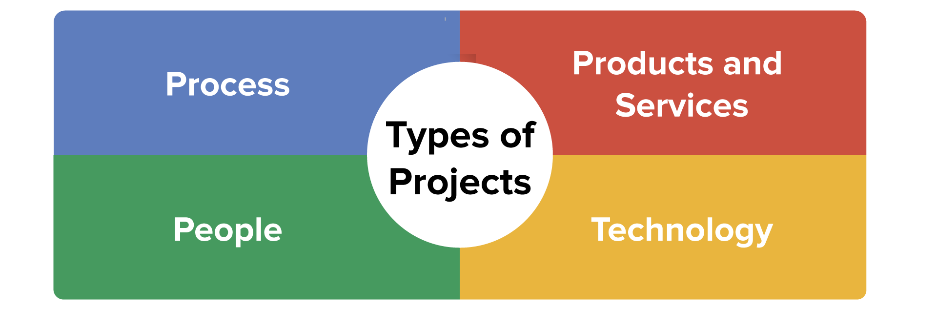 The types of projects are process, products and services, people, and technology.