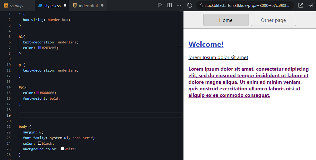 Editor panel shows new #p1 style in the styles.css file and the output shows the second paragraph as bolded and purple.