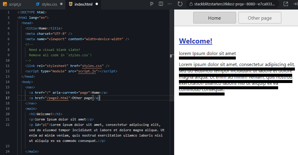 Editor panel shows new p element with multiple lines of the lorem ipsum text.  The output panel shows all this new text with the same heavy black underlining.