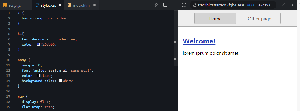 editor panel showing the new h1 style and the output panel showing 