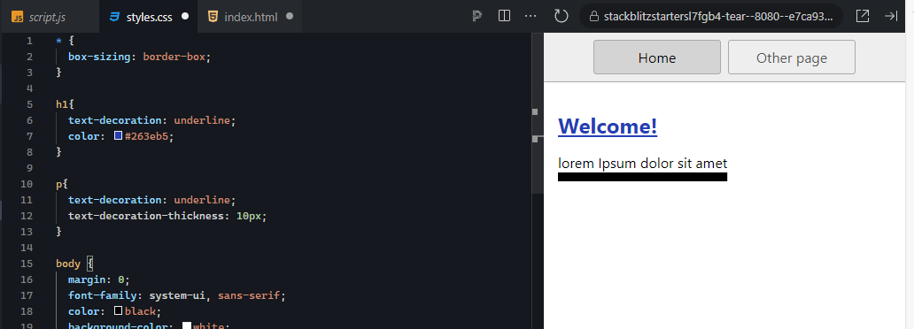 Editor panel shows the new p element style, and the output panel shows a thick black underline under the 