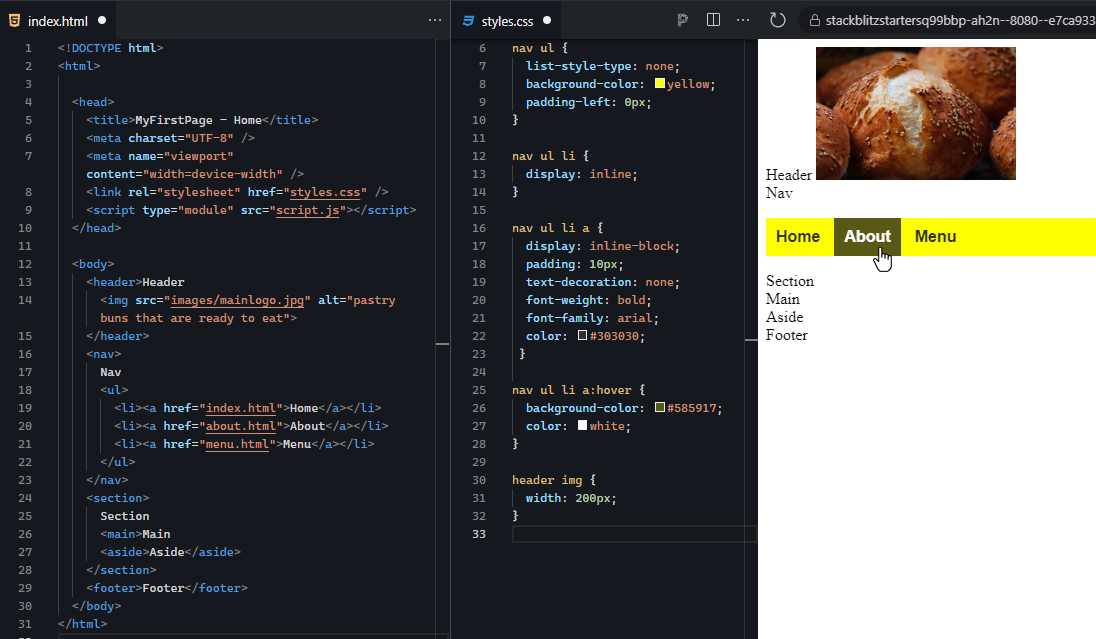  The image shows a split-screen view with three sections: an HTML file (index.html) on the left, a CSS file (styles.css) in the middle, and a live preview on the right. In the HTML section, the document contains the basic structure with a <!DOCTYPE html> declaration, opening and closing <html>, <head>, and <body> tags. The <head> section includes a title, meta tags for character encoding and viewport settings, and links to an external CSS file (styles.css) and a JavaScript file (script.js). In the <body>, there is a <header> element containing an image (img src="images/mainlogo.jpg") with the alt text "pastry buns that are ready to eat." Below the header is a navigation (<nav>) containing an unordered list (<ul>) of links labeled "Home," "About," and "Menu," each with corresponding anchor tags (<a>). The rest of the body contains placeholder semantic elements, including <section>, <main>, <aside>, and <footer>. In the CSS section, styles are defined for the navigation menu. The navigation list is styled to have no list markers, a yellow background, and inline display for the list items. The anchor tags are styled to have padding, bold text, and specific colors. There is also a hover effect that changes the background color and text color when hovering over a link. The image in the header is styled to have a width of 200px. In the live preview on the right, a logo image of pastry buns is displayed at the top, followed by the navigation menu, which has three buttons ("Home," "About," and "Menu"). The "About" button is highlighted in dark yellow, indicating that it is currently hovered over. The rest of the page shows placeholder text for "Section," "Main," "Aside," and "Footer."