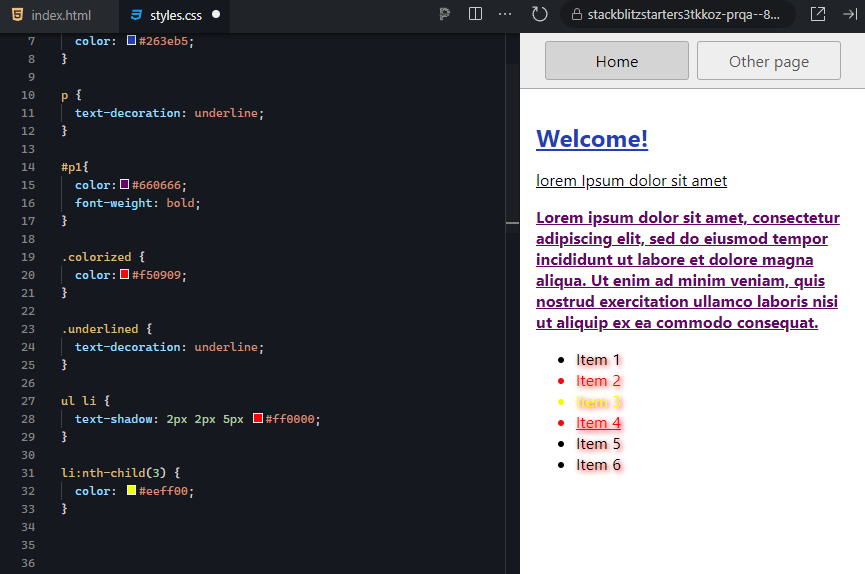 The right output window displays a webpage preview with a light gray background. At the top, two buttons labeled "Home" and "Other page" are visible, with "Home" highlighted in a darker gray. Below, the heading "Welcome!" appears in large, blue, underlined text, followed by a smaller, italicized gray subheading reading "Lorem Ipsum dolor sit amet." Beneath the headings, a bold purple paragraph of lorem ipsum placeholder text is shown, with a combination of blue and red text styling. Below the paragraph, there is an unordered list with six items. Each list item has a red bullet with a shadow effect. The text for "Item 1," "Item 2," "Item 5," and "Item 6" is black. "Item 3" is styled in yellow text with a yellow bullet, while "Item 4" stands out with red text. This design uses bold colors and underline styles to emphasize different sections of the webpage content.