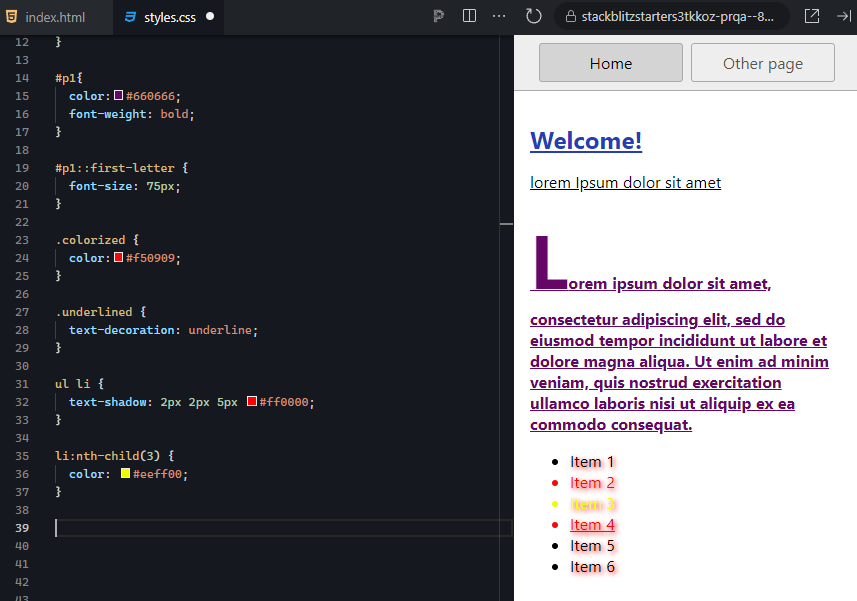 The right output window displays a webpage preview with a light gray background. At the top, two buttons labeled 