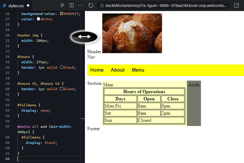 The right output window displays a webpage preview. At the top, there is an image of three pastry buns. Below the image, the text "Header" and "Nav" are shown. A yellow navigation bar contains three buttons labeled "Home," "About," and "Menu," with "Home" highlighted in yellow. An arrow icon is displayed between the navigation bar and the main content, indicating potential interactive functionality (e.g., horizontal scrolling or content expansion). In the "Main" section, a table labeled "Hours of Operations" is displayed. The table has three columns labeled "Days," "Open," and "Close," with borders around each cell. The rows show the operating hours: Monday to Friday from 8 am to 8 pm, Saturday from 8 am to 2 pm, and Sunday as closed. The background of the "Main" section is light yellow, while the "Aside" section has a dark gray background. The CSS includes a media query that displays the #fullmenu navigation when the screen width is at least 480px, making the full navigation bar visible in this layout. The overall structure is clean and responsive to different screen sizes.