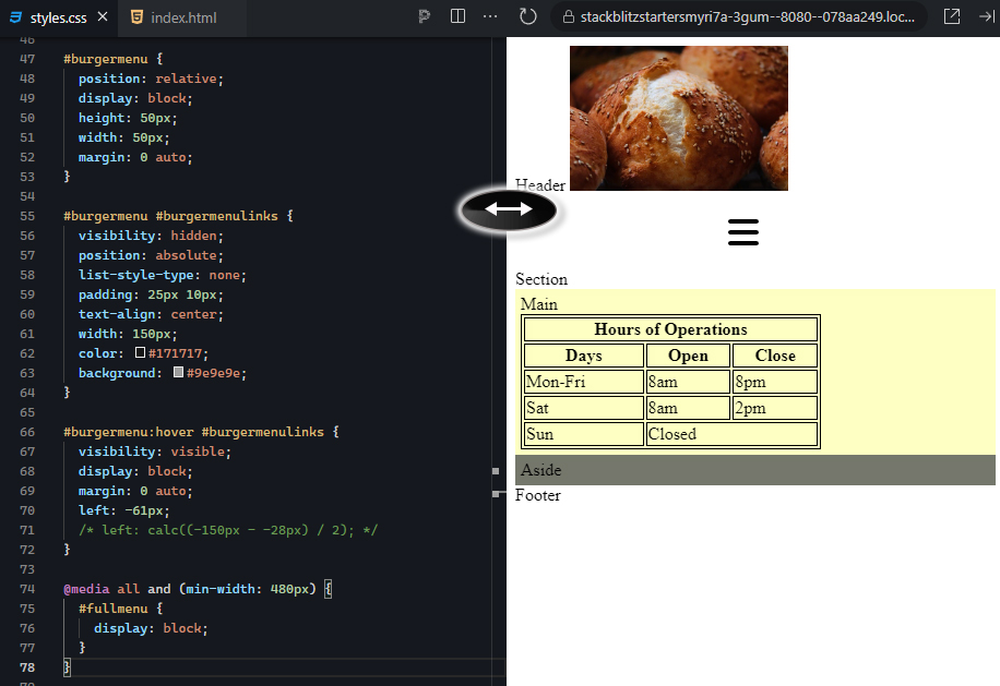 The right output window displays a webpage preview. At the top, there is an image of three pastry buns. Below the image, the text "Header" is displayed as a placeholder. The navigation area features a "burger menu" icon, represented by three horizontal lines. The menu is currently collapsed, and the links inside it are not visible because of the CSS rule setting #burgermenulinks to visibility: hidden;. This menu would expand when hovered over, revealing the "Home," "About," and "Menu" options as specified in the code. In the "Main" section, a table labeled "Hours of Operations" is displayed. The table has three columns labeled "Days," "Open," and "Close," with borders around each cell. The rows show the operating hours: Monday to Friday from 8 am to 8 pm, Saturday from 8 am to 2 pm, and Sunday as closed. The background of the "Main" section is light yellow, while the "Aside" section has a dark gray background. An arrow icon is placed between the navigation and main content, suggesting interactivity such as scrolling or expanding content. The page layout is responsive, adjusting the visibility and positioning of elements based on screen size or user interaction.