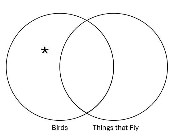A Venn diagram. The left circle is labeled Birds and the right circle is labeled Things that fly. An asterisk is inside the Birds circle, outside of the intersection with Things that fly.