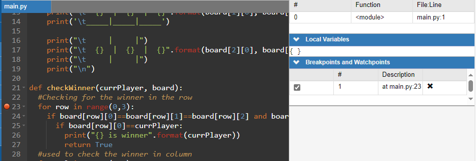 The code editor pane with a breakpoint added.