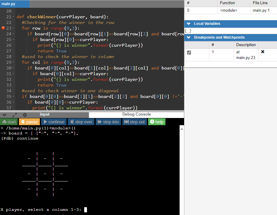 The code editor pane panel with a breakpoint identified. In the Debug Console, the program is waiting for X player's input.