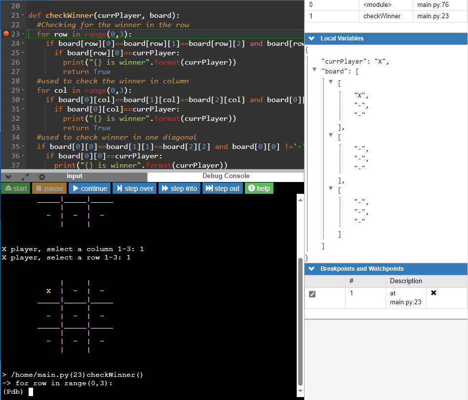 The code editor pane with the program stopped at the breakpoint again. The Debug Console shows a 