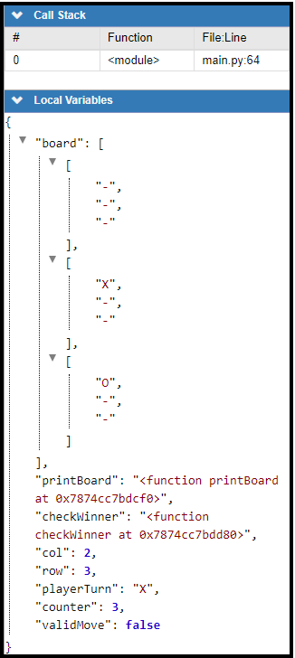 The status pane with variables changing as the code progresses.