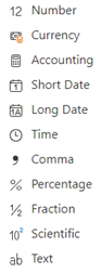 The list of formatting options includes: Number, Currency, Accounting, Short Date, Long Date, Time, Comma, Percentage, Fraction, Scientific, and Text.