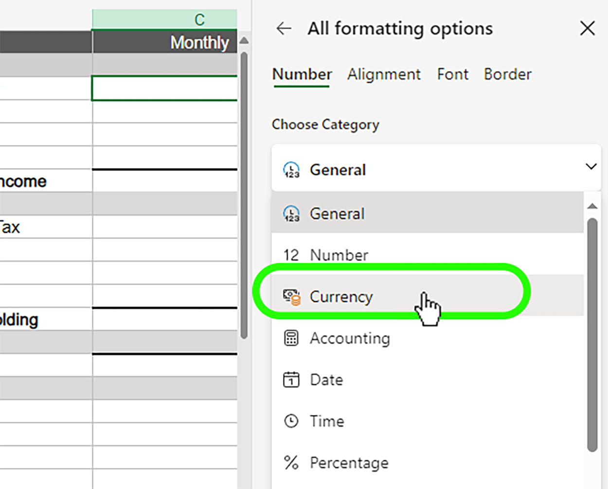 In this image, the ‘All formatting options panel’ is open, with the Currency category highlighted with a green border. The cursor points to the Currency option under the Number category, indicating that this format is selected. This is the main difference compared to the previous image.