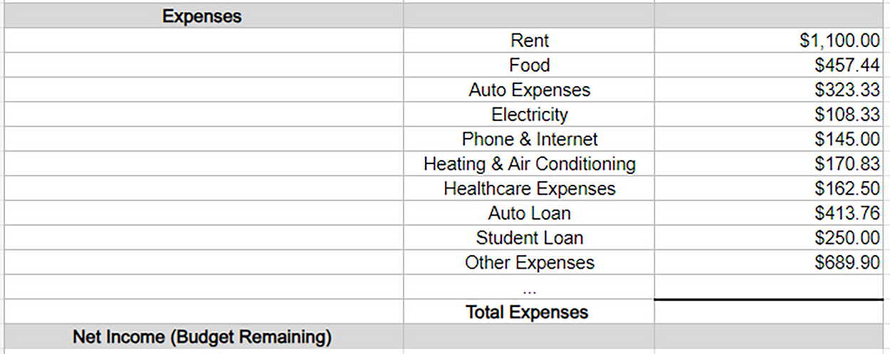 This image shows the updated spreadsheet where several new expense items have been added under the Expenses section. The newly added rows include Health Care Expenses, Auto Loan, Student Loan, and Other Expenses, with their respective amounts listed on the right. These changes expand the list of expenses in the table, detailing more specific financial outlays.