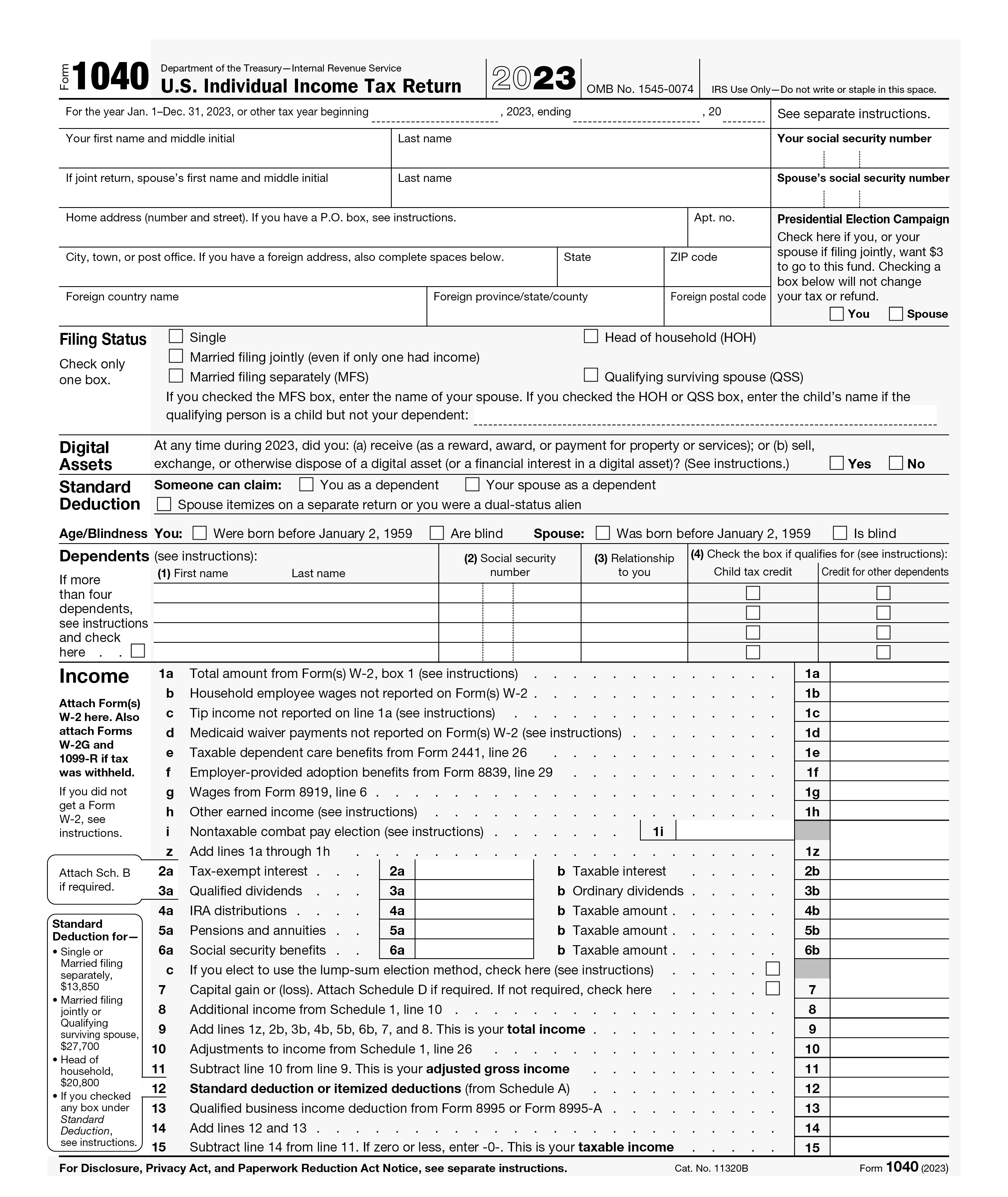 An image of the front page of the 2023 U.S. Federal Individual Tax Form 1040.