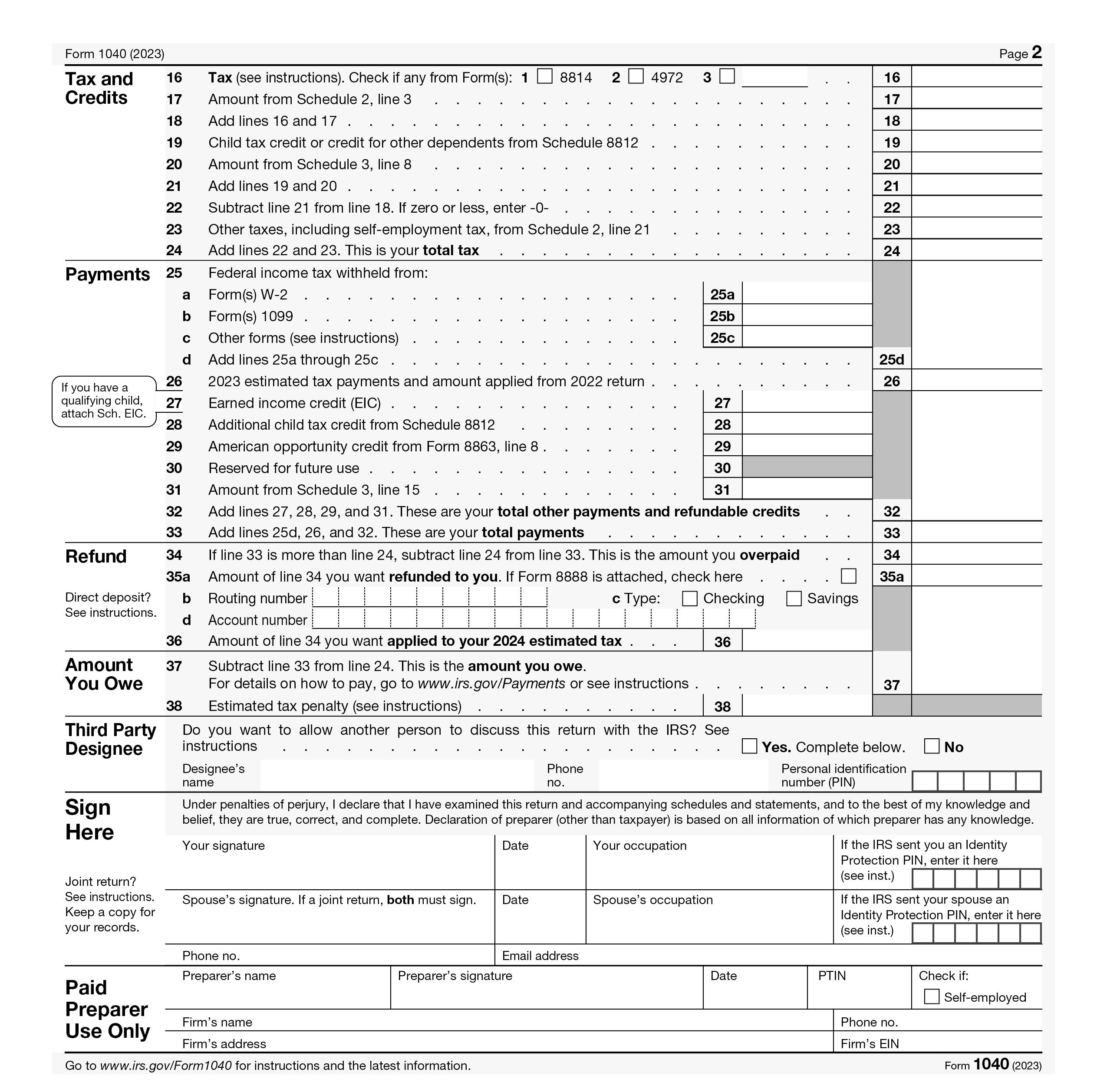 An image of the back page of the 2023 U.S. Federal Individual Tax Form 1040.