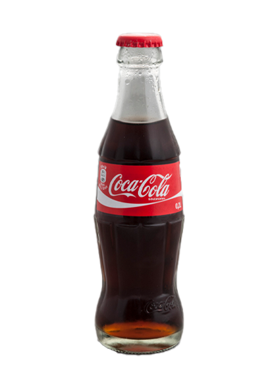 A Coca-Cola bottle. The iconic red label prominently displays the classic white Coca-Cola script logo across the middle. Additional branding elements, such as nutritional information or serving size, appear on the left side of the label, while the bottom right corner shows the volume or size of the bottle. The familiar red and white design stands out against the dark color of the beverage inside the bottle.