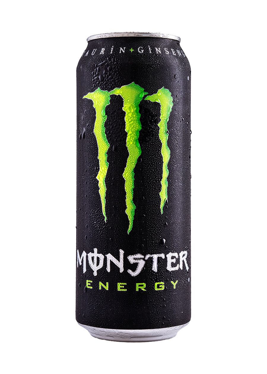 A Monster Energy drink can featuring the iconic, claw-like green 'M' logo in the center, which is stylized to look like it has been scratched into the black background. Below the logo, the words 'MONSTER' appears in bold, white, block letters, followed by 'ENERGY' in smaller green text beneath it.