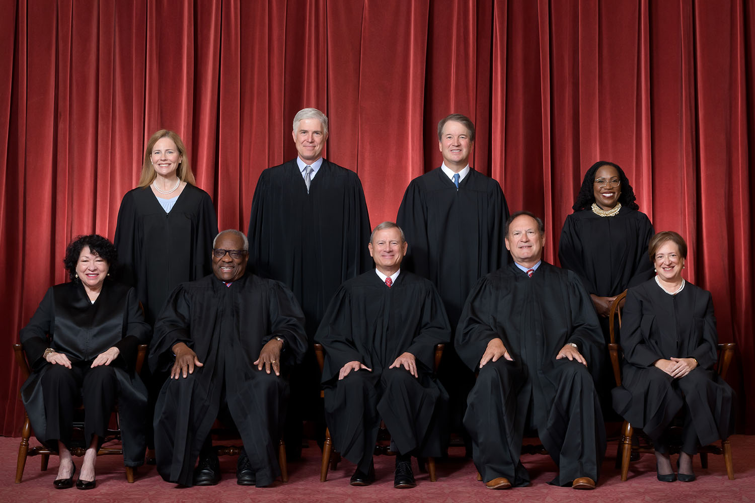 The Supreme Court as composed June 30, 2022, to present.
Front row, left to right: Associate Justice Sonia Sotomayor, Associate Justice Clarence Thomas, Chief Justice John G. Roberts, Jr., Associate Justice Samuel A. Alito, Jr., and Associate Justice Elena Kagan.
Back row, left to right: Associate Justice Amy Coney Barrett, Associate Justice Neil M. Gorsuch, Associate Justice Brett M. Kavanaugh, and Associate Justice Ketanji Brown Jackson.