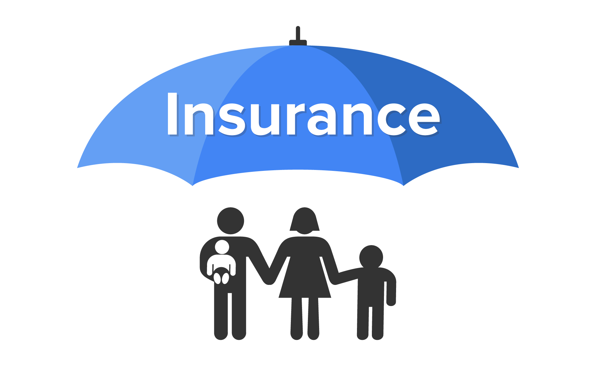 The image features a large umbrella with the word “Insurance” written across it. Beneath the umbrella, there are four simple, stylized human figures representing a family: an adult holding a baby, another adult, and a child. The figures are positioned close together, symbolizing protection and security under the umbrella, which visually represents the concept of insurance coverage for families.