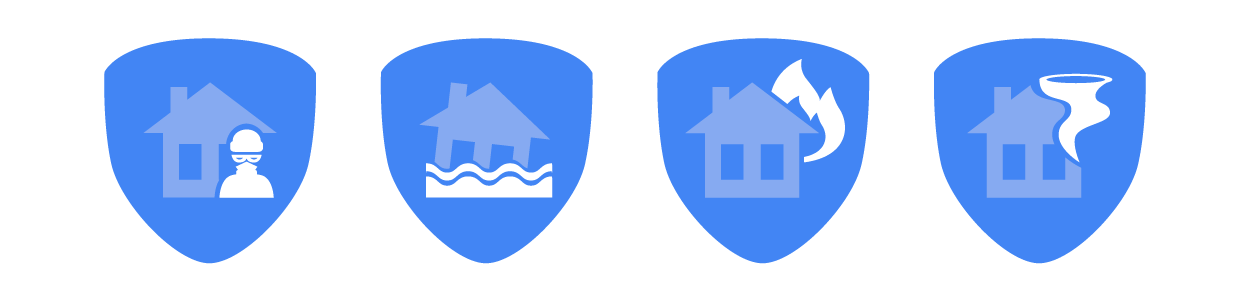 The image displays four shield-shaped icons, each representing a different type of home insurance coverage. The first icon features a house with a masked figure, symbolizing protection against theft or burglary. The second icon shows a house partially submerged in water, indicating coverage for flood damage. The third icon depicts a house with flames, representing fire damage protection. The fourth icon features a house with a tornado above it, symbolizing coverage for windstorms or natural disasters. These icons visually communicate the various risks covered by homeowners insurance policies.