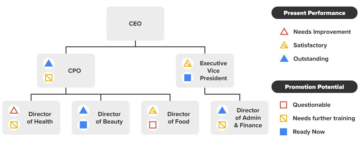 Organizational chart showing present performance and promotion potential for seven employees of an organization. The CPO and Executive Vice President report to the CEO. The Director of Health, Director of Beauty, and Director of Food report to the CPO. The Director of Admin & Finance report to the Executive Vice President. Each member of the organization has a label for their present performance and their promotion potential: