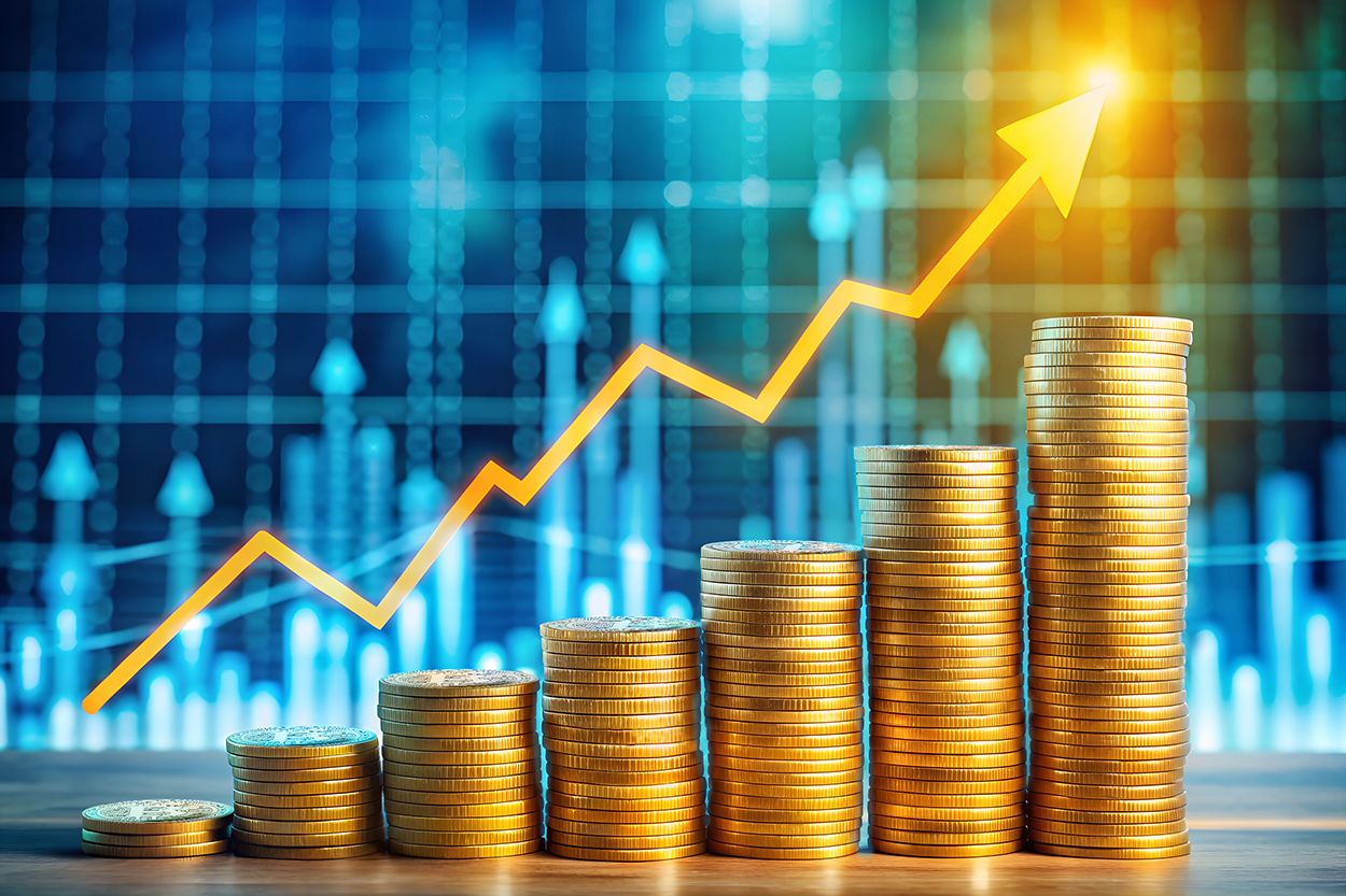 This image illustrates the concept of financial growth and investment success. It features stacks of gold coins arranged in increasing height, symbolizing wealth accumulation over time. A rising arrow overlays the image, representing positive financial trends, investment gains, or economic growth. The background contains financial charts and data visualizations, further reinforcing the theme of market performance, stock investments, or financial planning. This image conveys prosperity, strategic financial planning, and the potential benefits of smart investments.