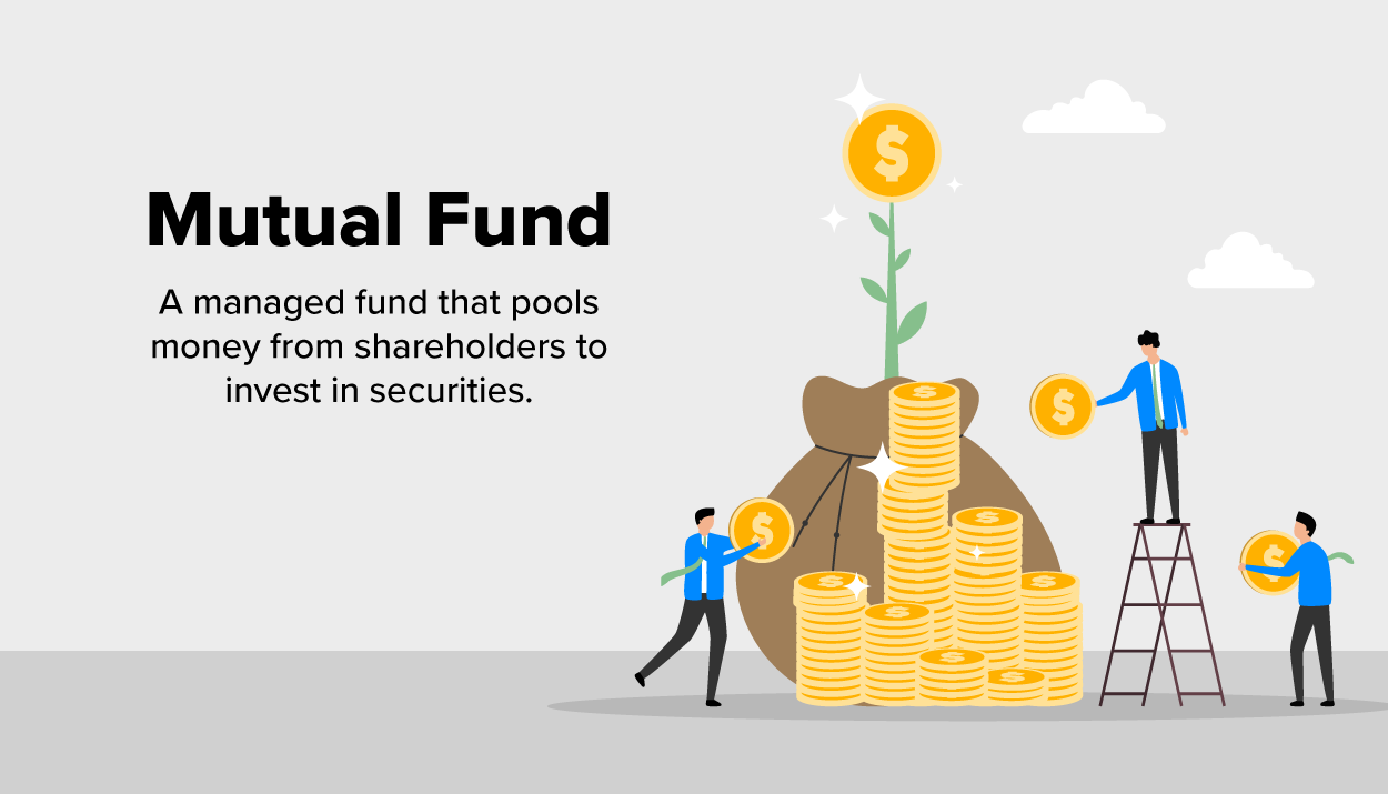 This image visually represents the concept of a mutual fund, illustrating how it pools money from multiple investors to invest in securities. The left side of the image contains text defining a mutual fund as ‘a managed fund that pools money from shareholders to invest in securities’. On the right, a financial-themed illustration features a large money bag with a plant growing from it, symbolizing investment growth. Surrounding the money bag, small figures are seen contributing coins and stacking them into piles, emphasizing collective investing and wealth accumulation. The scene effectively conveys the managed and growth-oriented nature of mutual funds.