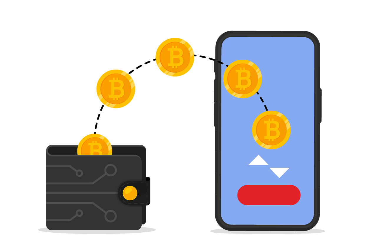 The image illustrates a digital transaction involving Bitcoin. It depicts a stylized wallet with circuit-like patterns, symbolizing a cryptocurrency wallet, and a smartphone with a screen and a button. Several Bitcoin symbols appear to be transferring from the wallet to the mobile device, connected by a dashed line representing a transaction process. This visual concept conveys the idea of sending or receiving Bitcoin using a digital wallet and mobile application, highlighting the ease of cryptocurrency transactions in a modern financial ecosystem.