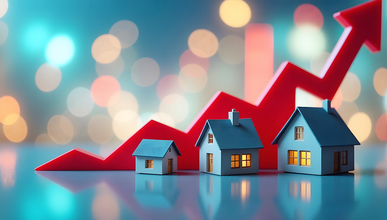 The image visually represents the concept of real estate market growth and investment. It features three model houses of increasing size positioned in front of an upward-trending arrow, symbolizing rising property values or real estate investment growth. The blurred background with circular lights adds a modern and dynamic feel, emphasizing market movement and economic activity. The illuminated windows in the houses suggest prosperity and occupancy, reinforcing the idea of real estate as a growing and valuable investment sector.