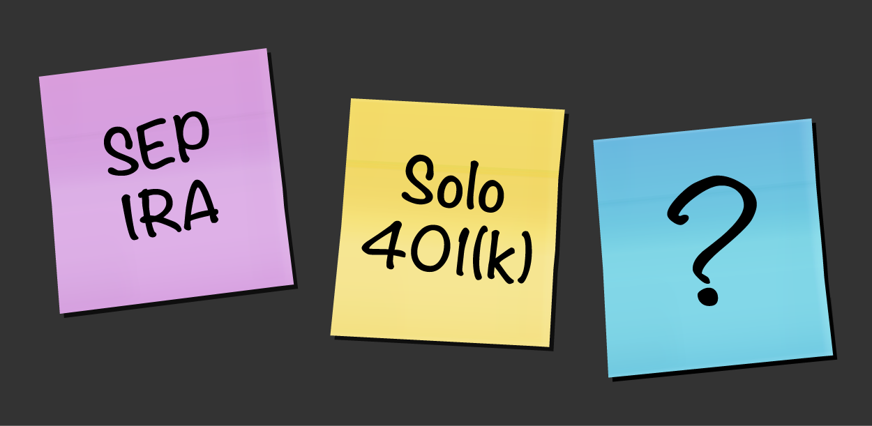 Three sticky notes on a dark background displaying ‘SEP IRA’, ‘Solo 401(k)’, and a question mark.
