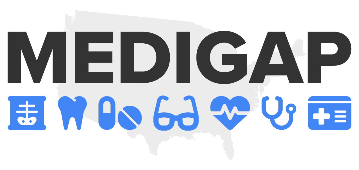 The word ‘Medigap’ in bold letters with a faint outline of the United States in the background, accompanied by various medical icons representing health care services such as dental, prescription drugs, vision, and general medical care.