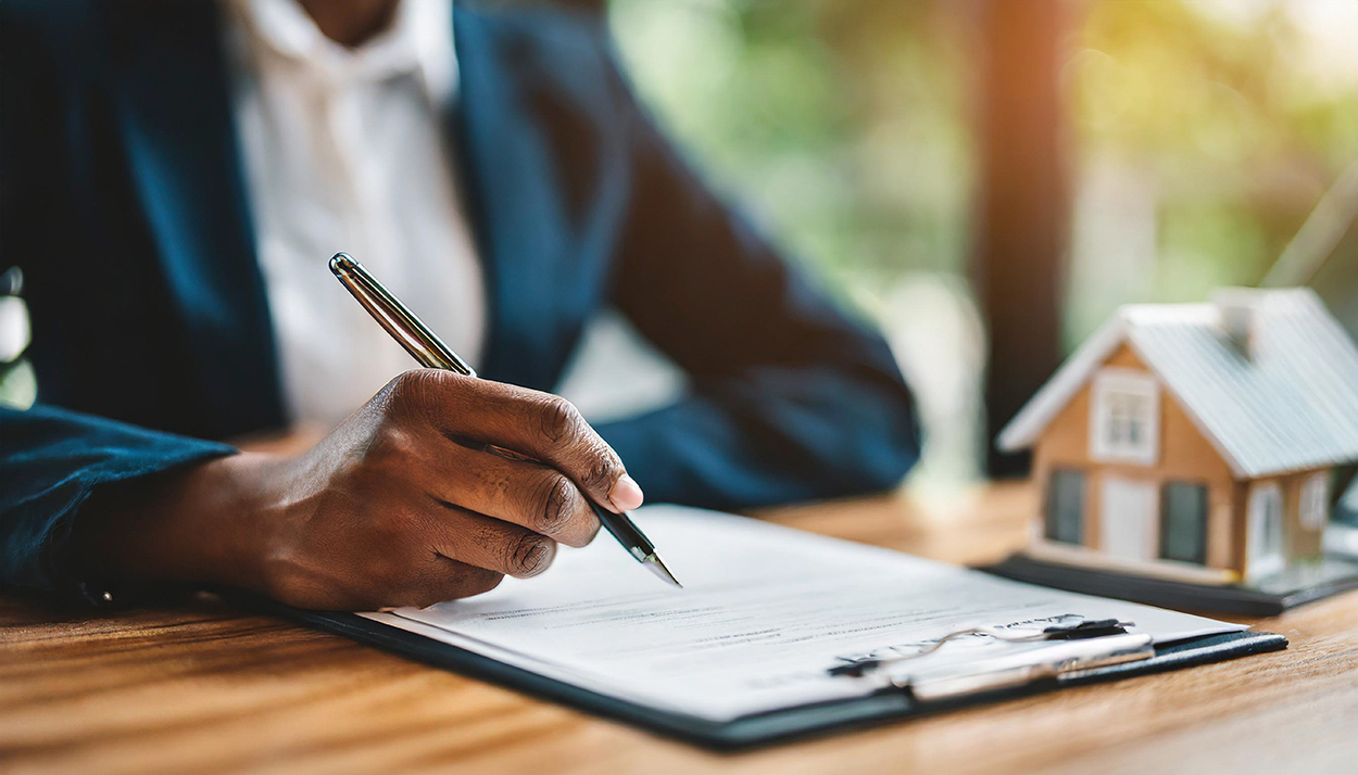 A person in business attire signing a document on a clipboard, with a small model house on the table, symbolizing real estate transactions or mortgage agreements.