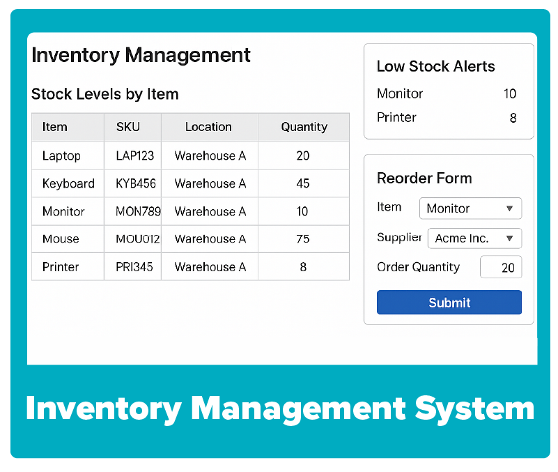 An inventory management system listing stock levels, reorder alerts, and shipment updates.