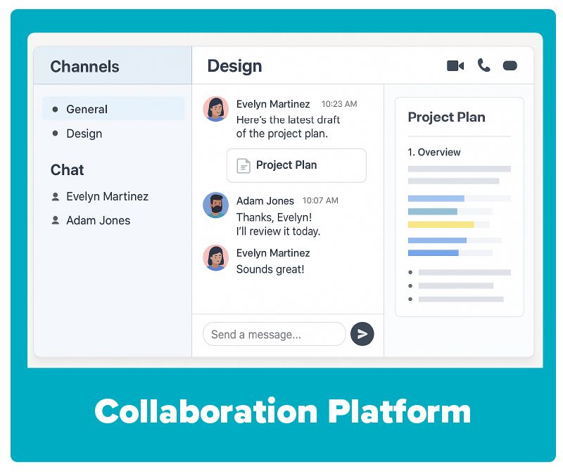 A collaboration platform with chat channels, a shared document preview, and a video call option.