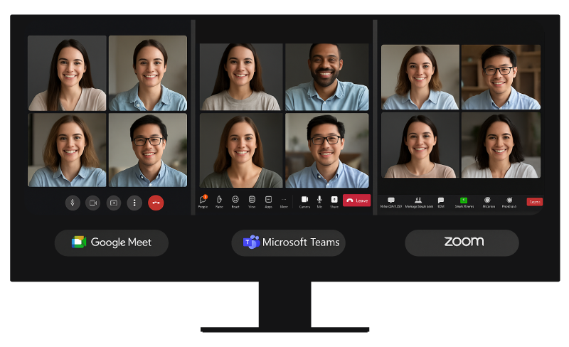 A split screen showing Google Meet, Microsoft Teams, and Zoom with their distinctive layouts and control buttons visible.