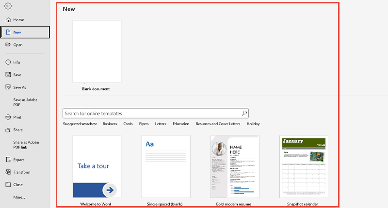 Microsoft Word start screen with the 'New' menu selected, showing options like 'Blank Document' and templates such as 'Welcome to Word,' 'Bold Modern Resume,' and 'Snapshot Calendar,' each with preview images and titles.
