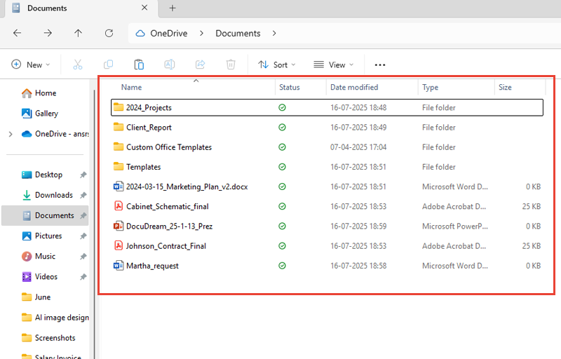 alt =Windows File Explorer showing clearly named folders such as '2024_Projects' and 'Client_Report' and well-labeled files like '2024-03-15_Marketing_Plan_v2' organized under the Documents folder.