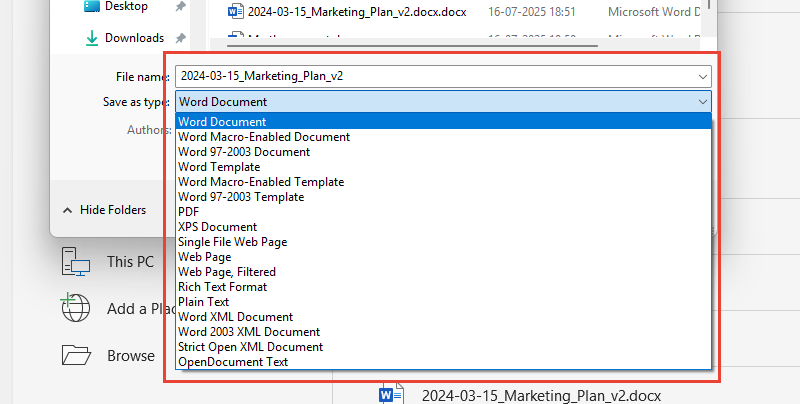 Microsoft Word 'Save As' dialog box with the 'Save as Type' menu expanded, showing file format options like 'Word Document,' 'PDF,' 'Rich Text Format,' and 'Plain Text.'