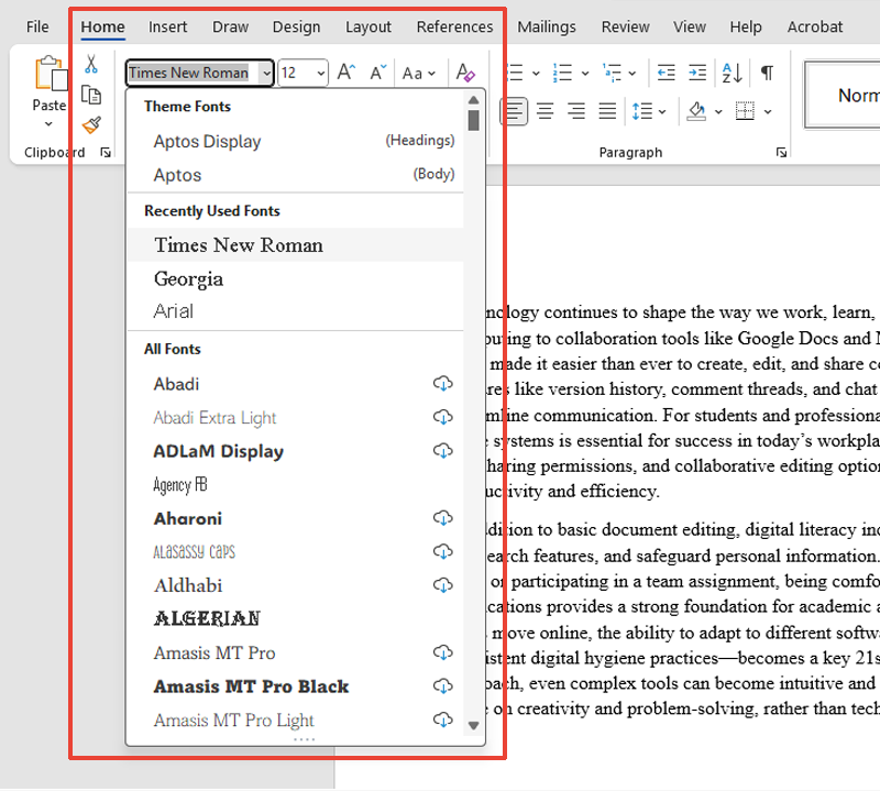 Microsoft Word interface with the Home tab open and the font menu expanded, showing font options like Times New Roman, Georgia, and Arial.