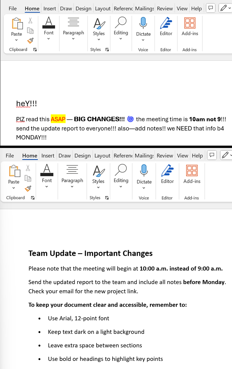 Two Word document screenshots, one above the other. The first screenshot shows a cluttered message with mixed fonts, colors, and emojis. The second screenshot shows a clear, professional version with bold headings, bullet points, and consistent formatting.