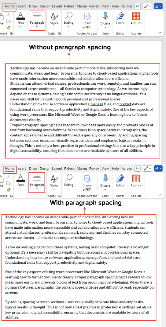 Two stacked Word documents. The first one has no space between paragraphs, making the text look crowded. The next one adds spacing between paragraphs, making the text easier to read.