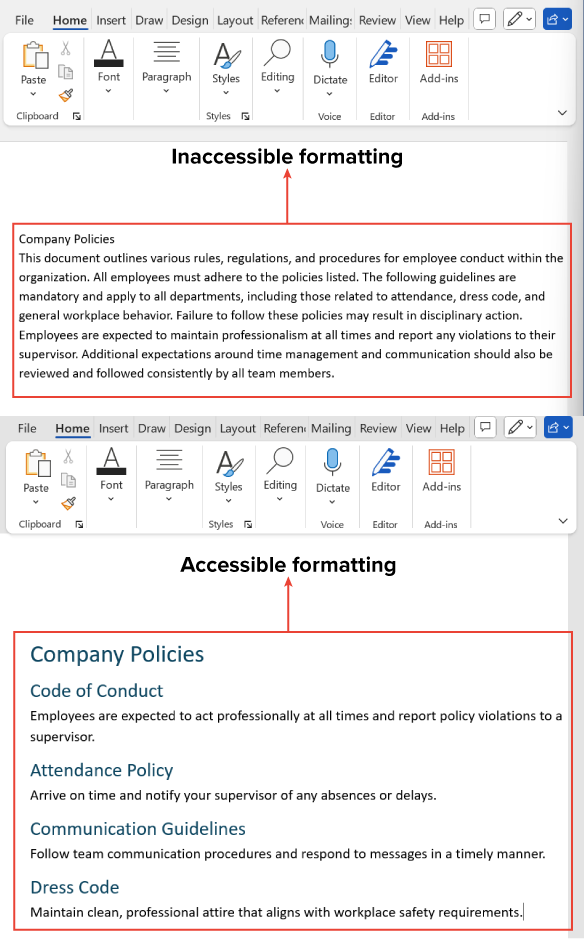 Two screenshots of Word documents, one above the other. The first screenshot shows a long block of plain text labeled ‘Inaccessible formatting.’ The second screenshot presents the same content with section headings and bullet spacing, labeled ‘Accessible formatting.’
