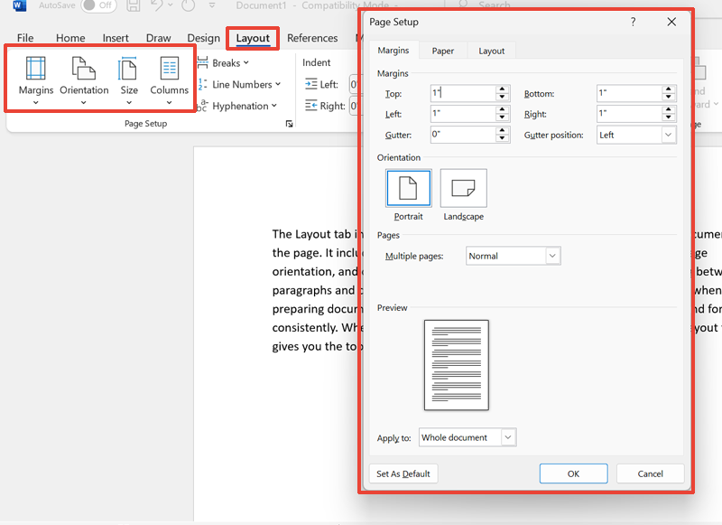 A Microsoft Word interface with the ‘Layout’ tab selected and the ‘Page Setup’ dialog box open, showing margin settings (top, bottom, left, and right), orientation options (Portrait and Landscape), and a preview pane that shows how the changes will apply to the entire document.