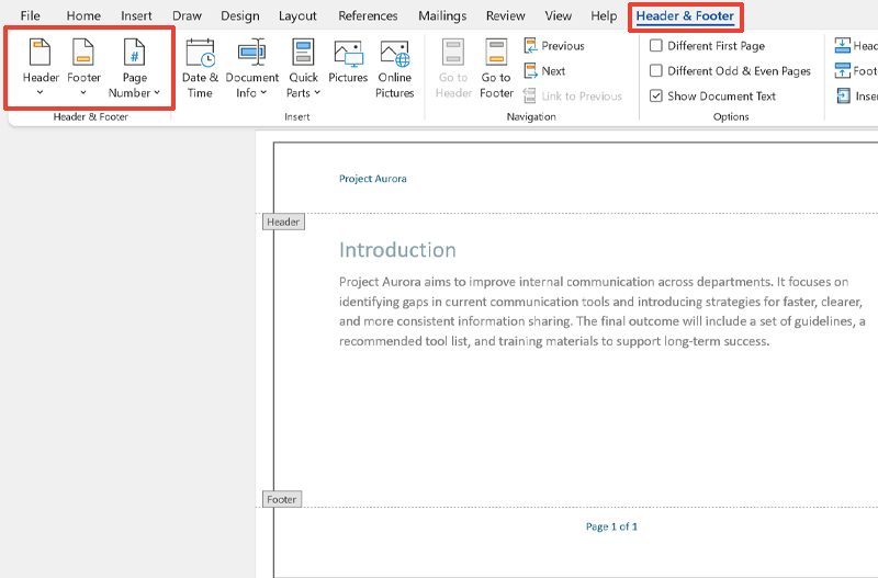 A Microsoft Word interface with the ‘Header & Footer’ tab selected. The page shows ‘Project Aurora’ as a header and ‘Page 1 of 1’ as a footer. The ‘Header’ and ‘Footer’ sections are highlighted.