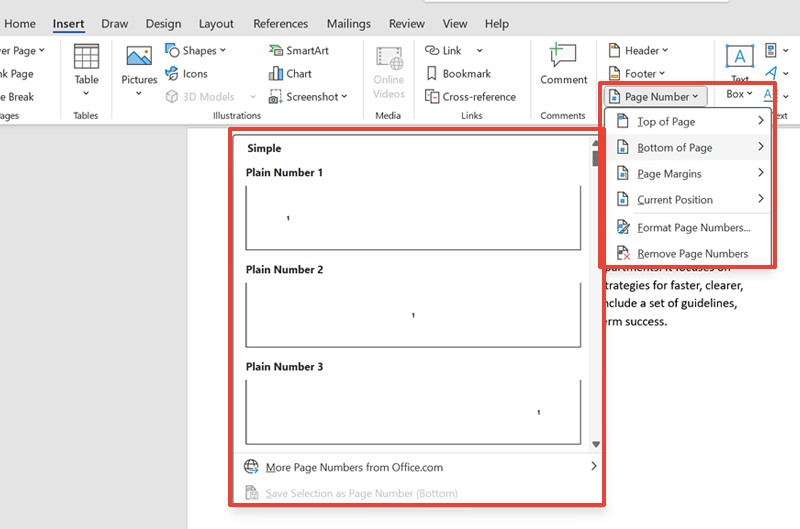  Microsoft Word interface showing the ‘Insert’ tab selected and the ‘Page Number’ dropdown expanded, with options like ‘Top of Page’, ‘Bottom of Page’, and ‘Current Position’ for inserting page numbers.