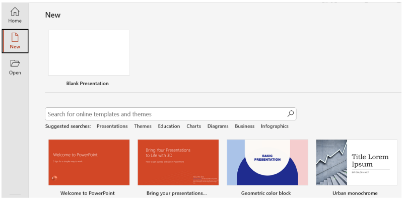 PowerPoint “New” screen with the “New” option selected on the left. The main area displays a blank presentation option and several colorful template thumbnails below, such as “Welcome to PowerPoint” and “Geometric color block.” A search bar and suggested categories like Presentations, Themes, and Business appear above the templates.